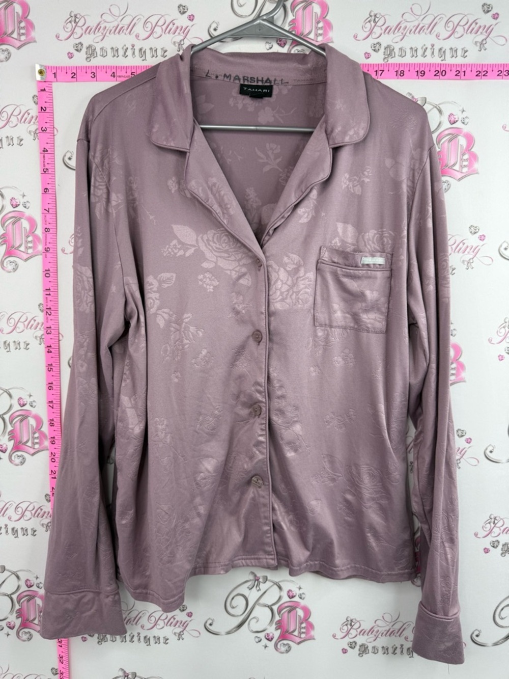 Tahari shirt pj top soft comfy Mauve Floral shiny roses button up  Pajama Top